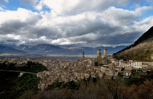 panorama, nuvole, torri, paese, cielo, montagne, città, case, borgo