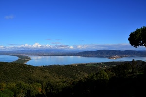 panorama, cielo, nuvole, lago, acqua, penisola, verde, albero, orizzonte, bosco