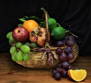 frutta, uva, cesto, melograno, mela, limone, arancia