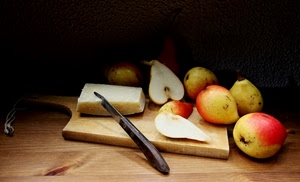 coltello, tagliere, pere, formaggio, frutta, tavolo