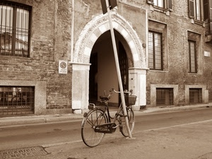 bicicletta, palo, strada, arco, seppia, ingresso, cestino, finestre