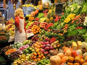 frutta, verdura, donna, banco, mercato, fruttivendola, cibo, colori, banane, negozio