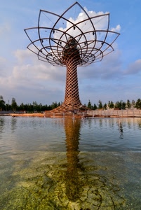 albero, acqua, cielo, riflesso, nuvole, expo, alberi, verde, milano, fontana, vita, azzurro, riflessi, scultura