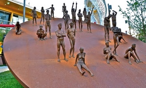 donne, monumento, uomini, statue, persone, nudi, expo, metallo, cerchio