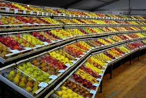 frutta, mele, pere, cassette, giallo, colori, esposizione, cibo, multicolore, mercato