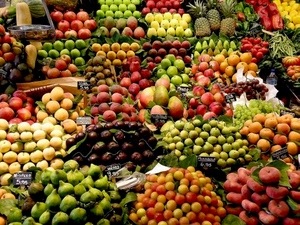 frutta, fichi, pere, pesche, mele, colori, ananas, bancarella