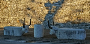 panchine, corna, due, muro, pietra, marciapiede, ombre, ombra, mucche, tori, buoi