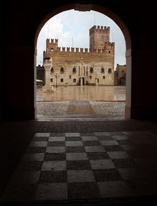 castello, arco, merli, piazza, torre, pavimento, scacchi, leone
