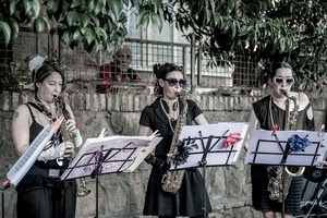 spartiti, donne, tre, occhiali, leggio, musica, musiciste, strumenti, foglie, musicisti, flauto, ringhiera, cuore, sassofono, sassofoni, ottoni