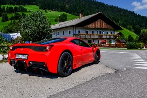 rosso, ferrari, montagna, verde, auto, baita, casa, macchina, alberi, chalet