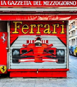 rosso, ferrari, edicola, serranda, auto, cavallino, ruote, murales, nero, automobile, disegno, stemma, strada, macchina, giallo, scritte, finestre, bolide