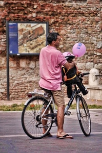 palloncino, bicicletta, rosa, bambino, ciclista, casco, uomo, strada