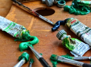 verde, pennelli, tubetti, colori, tavolozza, olio, blu, foro, colore, tappi, tempera