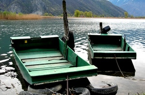 barche, verde, acqua, lago, gomme, montagna, montagne, palo, copertoni, alberi