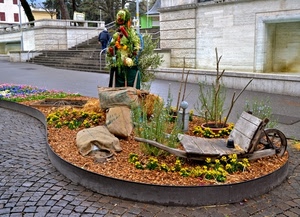 aiuola, fiori, carriola, strada, sacchi, scala, scale, piante