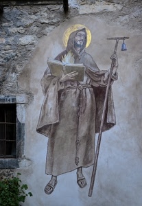 murales, santo, libro, aureola, finestra, muro, campanella, saio, bastone, dipinto, grata, casa, sandali, frate, pittura