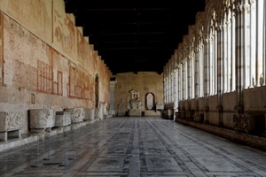 tombe, pavimento, prospettiva, cimitero, colonne, affreschi, marmo, finestre, archi, sala, pisa