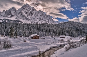 neve, inverno, montagna, baita, alberi, paesaggio, nuvole, montagne, panorama