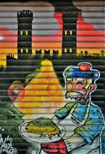 torri, serranda, castello, piatto, merli, uomo, saracinesca, dipinto, cuoco, cibo, colori, disegno, giallo, murales, cappello, pizza