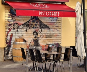 sedie, tenda, tavolo, serranda, ristorante, disegno, saracinesca, murales, botte, dipinto