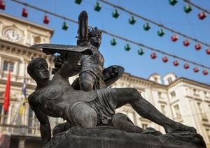 statue, due, scudo, monumento, torino, bandiere, elmo, guerrieri, cielo, statua, orologio