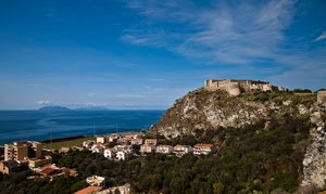 mare, panorama, castello, case, alberi, cielo, borgo, rocca