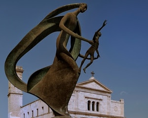 chiesa, croce, monumento, campanile, donna, cielo, bronzo, statua, ferro