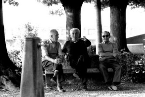 panchina, tre, fontana, bianconero, anziani, alberi, parco, pensionati, fontanella