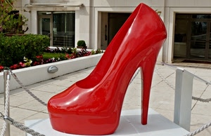 scarpa, rosso, tacco, fiori, rossa, verde, vetrate, corda, aiuola