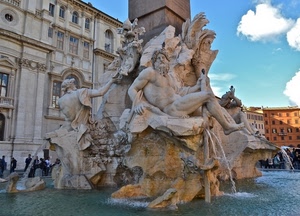 fontana, statue, acqua, roma, nuvole, piazza, palazzi, fiumi, cielo, marmo, zampilli, azzurro, bianco, palazzo, case, archi, edifici, sculture, vasca, finestre, quattro, persone