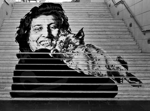 gatto, scalinata, sorriso, attrice, scala, corrimano, murales, nero, gradini, scalini, magnani, bianconero, donna, scale, anna, occhi, murale, grigio, dipinto, capelli, orecchie