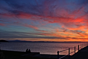 tramonto, nuvole, mare, cielo, ringhiera, rosso, acqua, silhouette, alba, persone, sera, arancione, blu, controluce, due