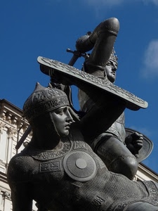 scudo, elmo, bronzo, spada, statue, statua, grigio, soldati
