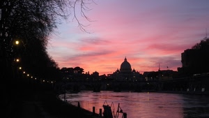fiume, tramonto, cupola, luci, cielo, lampioni, rosso, acqua, roma, silhouette, riflesso, nuvole, controluce, riflessi, tevere, alba, nero, cupolone, città, ponte, sera, profilo, rosa
