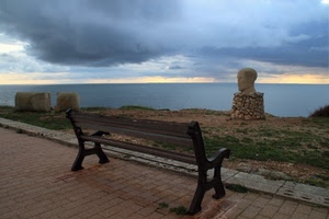 panchina, mare, nuvole, scultura, testa, cielo, tramonto, panorama