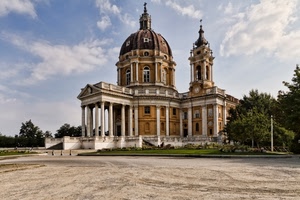 chiesa, colonne, cupola, campanile, piazzale, cielo, alberi, basilica