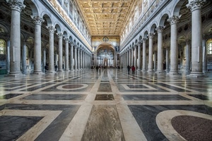 colonne, pavimento, soffitto, prospettiva, archi, chiesa, marmo, capitelli, cerchi, navate, marmi, basilica, roma, interno, cassettoni, geometrie