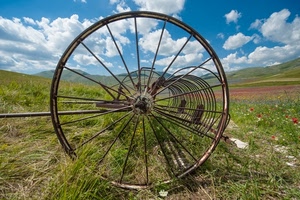nuvole, ruota, erba, raggi, campagna, cerchio, cielo, fiori, verde, agricoltura, azzurro, cerchi, ferro, campo, metallo, ruote, prospettiva, attrezzo, prato