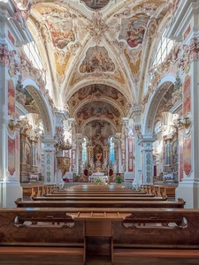 chiesa, altare, banchi, interno, affreschi, archi, volta, legno, panche, soffitto, navata, decorazioni, pilastri, barocco