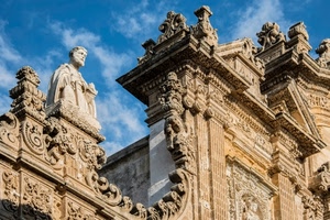 chiesa, barocco, cielo, nuvole, statua, decorazioni, facciata, bassorilievi, statue, azzurro, dettaglio, sculture, scultura