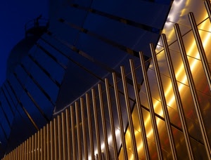 blu, oro, linee, metallo, luci, notte, ringhiera, dorato, struttura, parallele, strisce, geometrie