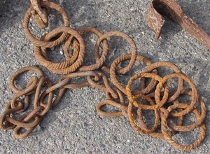 anelli, ruggine, ferro, catena, cerchi, ovali, ganci, cemento