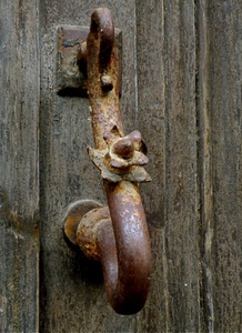 ferro, legno, ruggine, porta, portone, batacchio, maniglia, battiporta, battacchio, curve, fiore, arrugginito, grigio, marrone, metallo