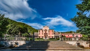 alberi, nuvole, cielo, balaustra, villa, scalinata, verde, gradini, statue, scala, azzurro, cancello, palazzo, bianco, giardino, scalini, finestre, montagna