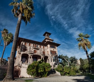 palme, villa, alberi, nuvole, cielo, finestre, archi, verde, casa, azzurro, scalinata, balconi, scale, torretta, liberty, palazzo, torre, altana