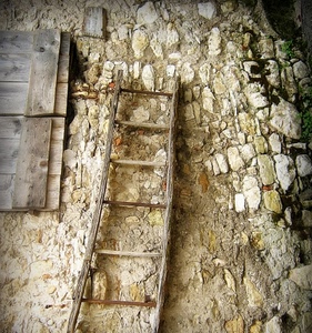 legno, muro, scala, pioli, pietre