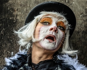 baffi, cappello, ciglia, gatto, maschera, trucco, capelli, bianco, occhi, bocca, naso, carnevale, donna, nero, piume