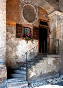 porta, ringhiera, finestra, fiori, scala, scale, scalini, casa, tondo, grata