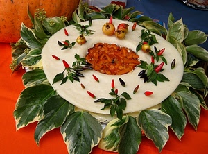 piatto, foglie, rosso, peperoncini, peperoncino, cibo, verde, pesce, bianco