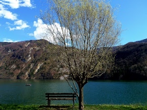 panchina, nuvole, albero, lago, cielo, acqua, azzurro, barca, erba, montagna, rami, verde, montagne, collina, foglie, paesaggio